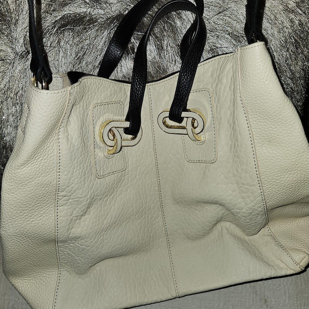 Vince Camuto Ivory and Black Leather Tote